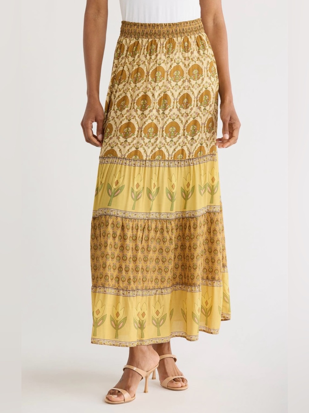 Joie Printed Tiered Maxi Skirt in Mustard Multi Blossoms